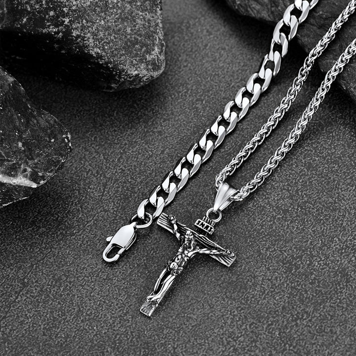 Gift for Men Jesus Cross & Cuban Chain Layered Necklace Set Birthday Gift