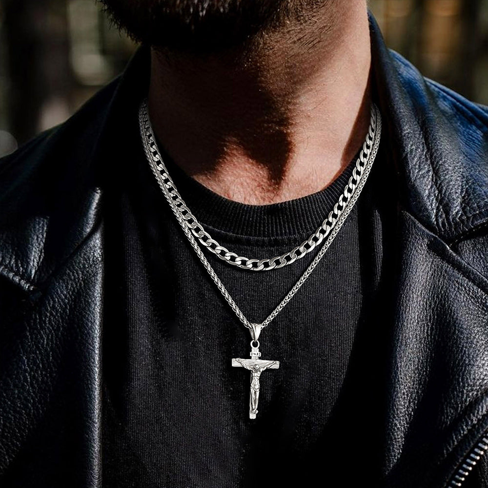 Gift for Men Jesus Cross & Cuban Chain Layered Necklace Set Birthday Gift