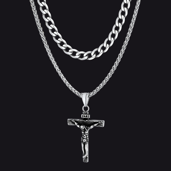 Jesus Crucifix Cross & Cuban Chain Layered Necklaces Set for Men Women