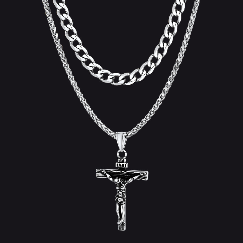 Gift for Men Jesus Cross & Cuban Chain Layered Necklace Set Birthday Gift