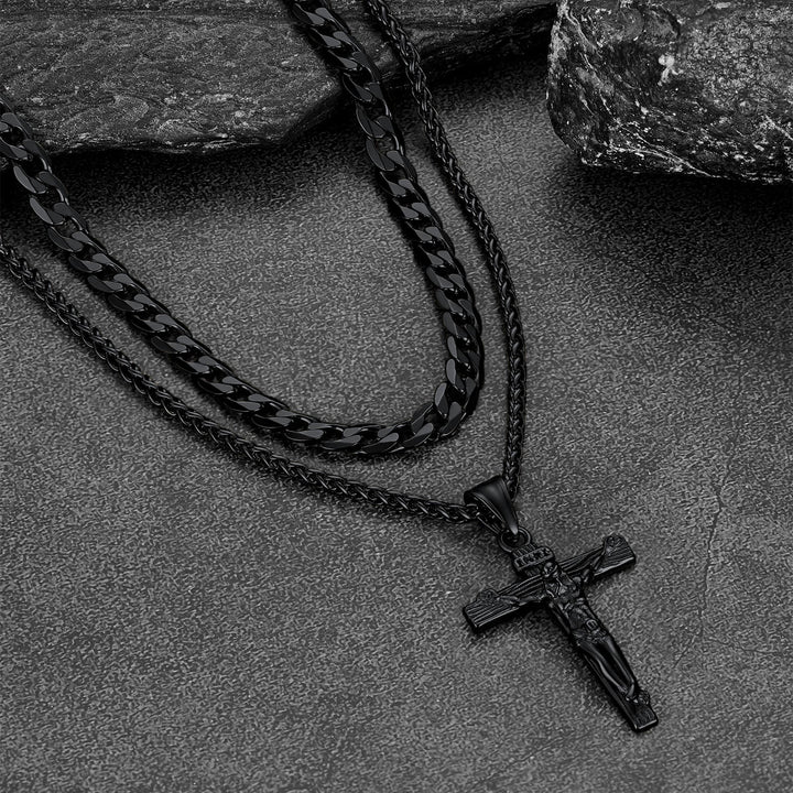 Jesus Crucifix Cross & Cuban Chain Layered Necklaces Set for Men Women