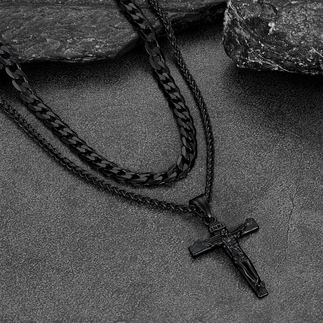 Gift for Men Jesus Cross & Cuban Chain Layered Necklace Set Birthday Gift