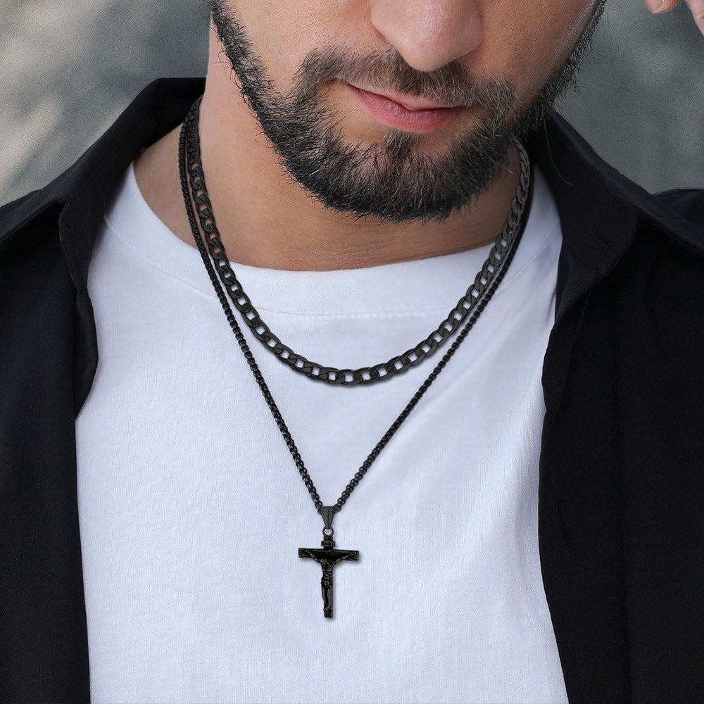 Jesus Crucifix Cross & Cuban Chain Layered Necklaces Set for Men Women