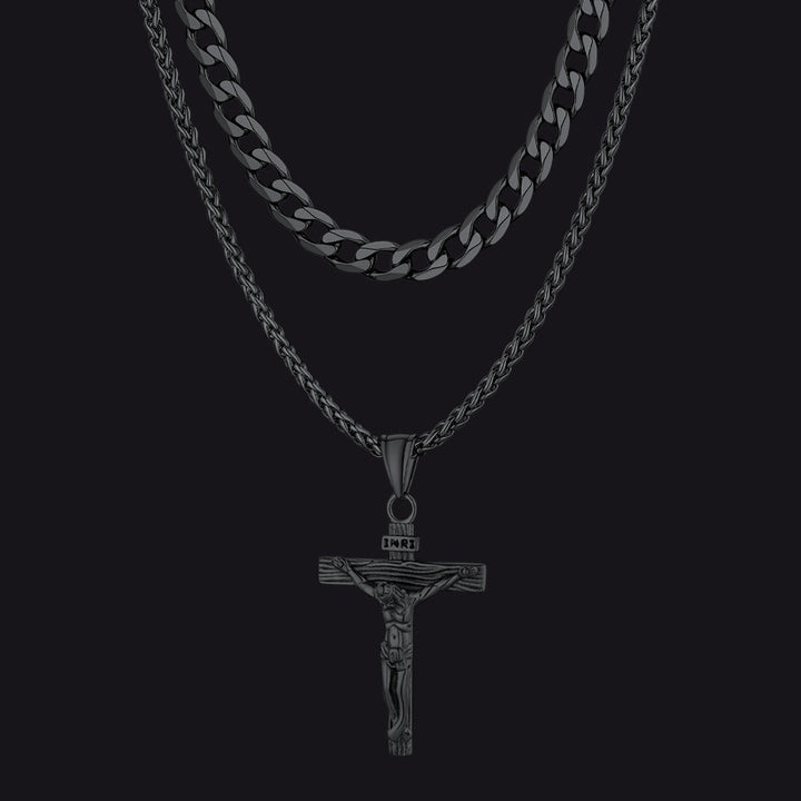 Jesus Crucifix Cross & Cuban Chain Layered Necklaces Set for Men Women