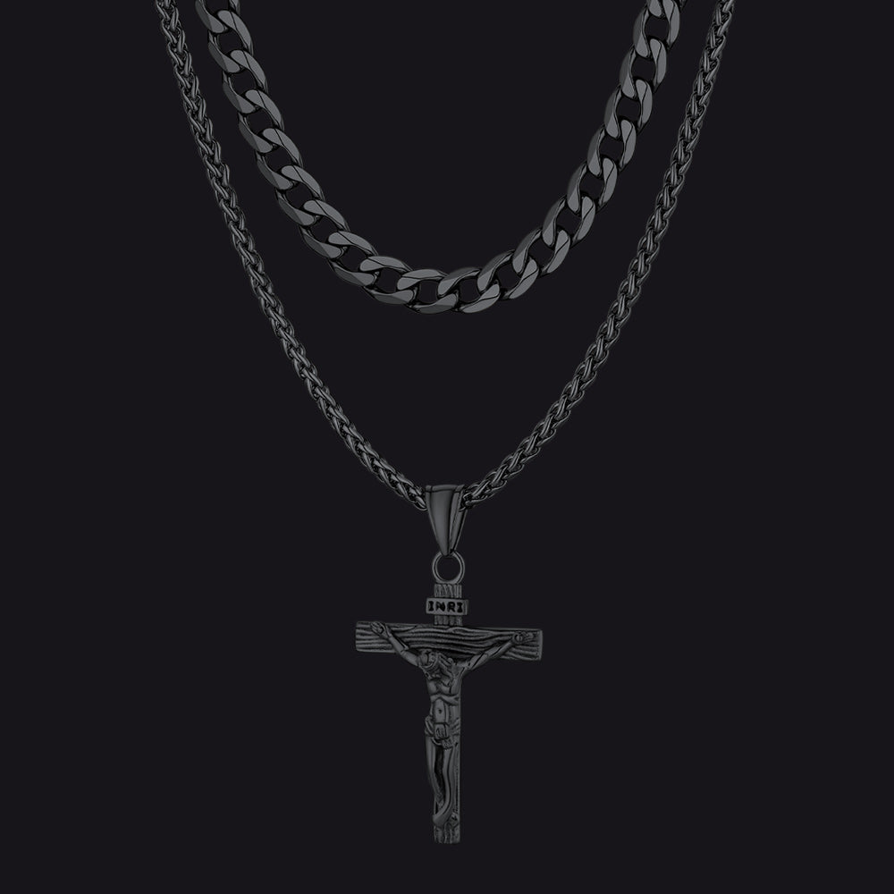 Gift for Men Jesus Cross & Cuban Chain Layered Necklace Set Birthday Gift
