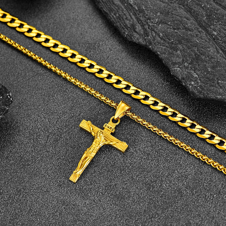 Jesus Crucifix Cross & Cuban Chain Layered Necklaces Set for Men Women