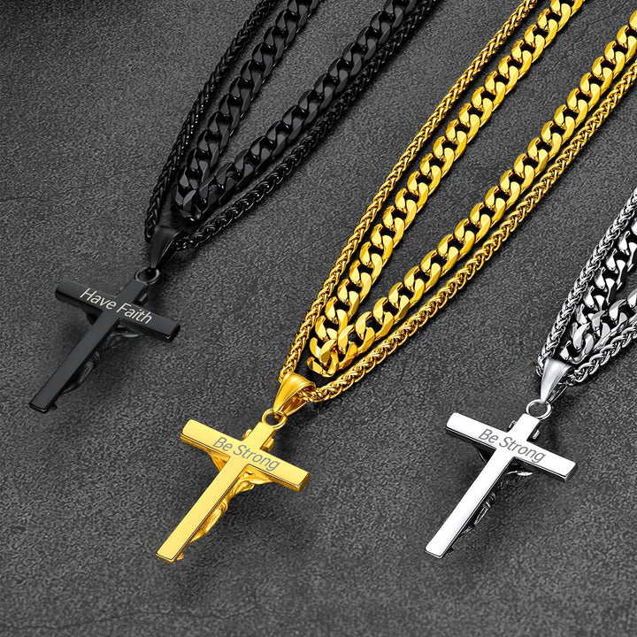 Gift for Men Jesus Cross & Cuban Chain Layered Necklace Set Birthday Gift