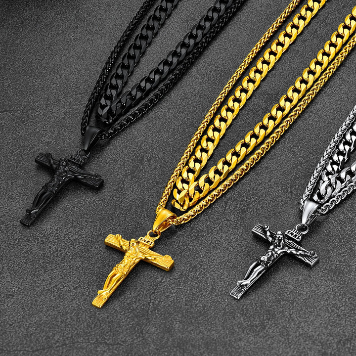 Jesus Crucifix Cross & Cuban Chain Layered Necklaces Set for Men Women