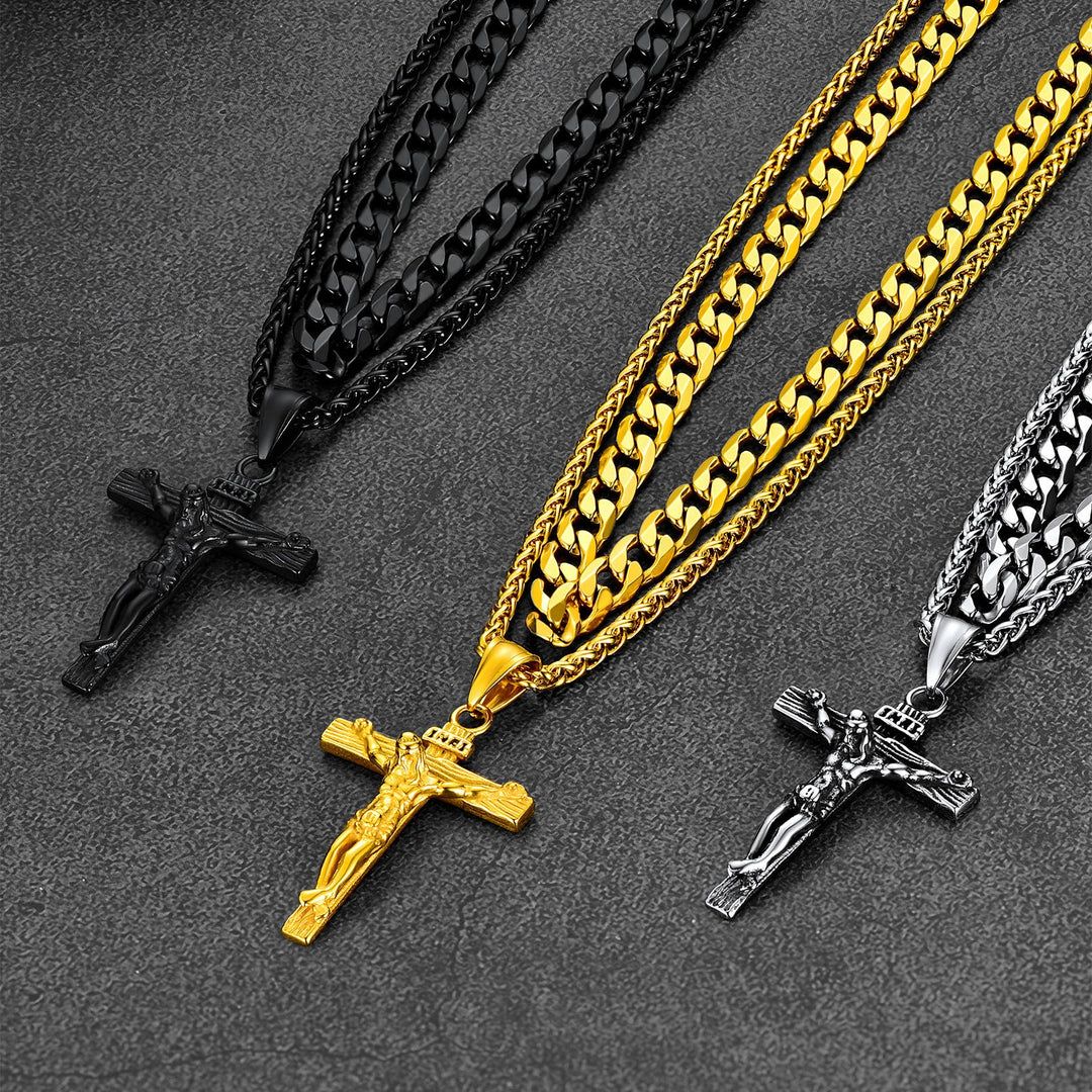 Gift for Men Jesus Cross & Cuban Chain Layered Necklace Set Birthday Gift