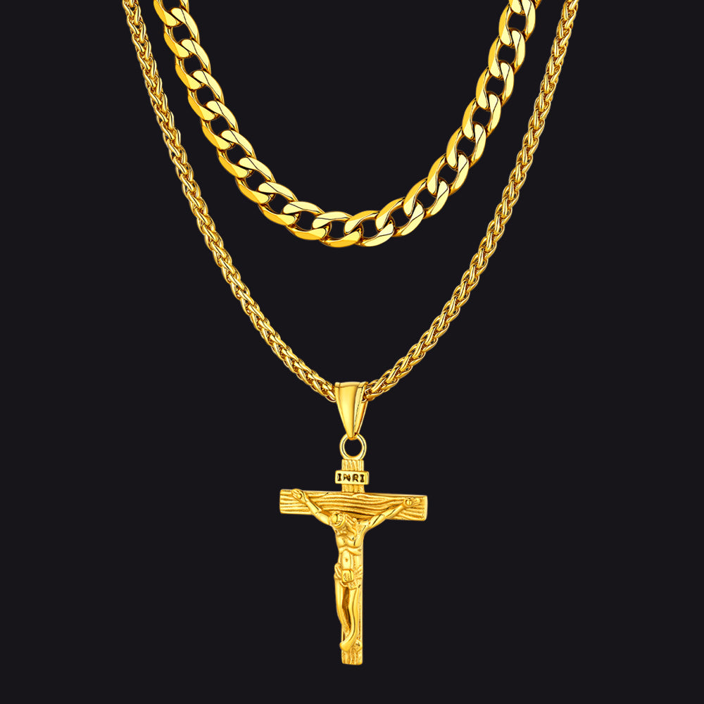 Jesus Crucifix Cross & Cuban Chain Layered Necklaces Set for Men Women