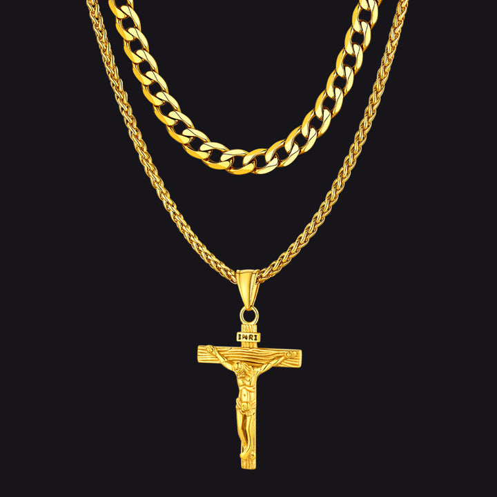 Jesus Crucifix Cross & Cuban Chain Layered Necklaces Set for Men Women