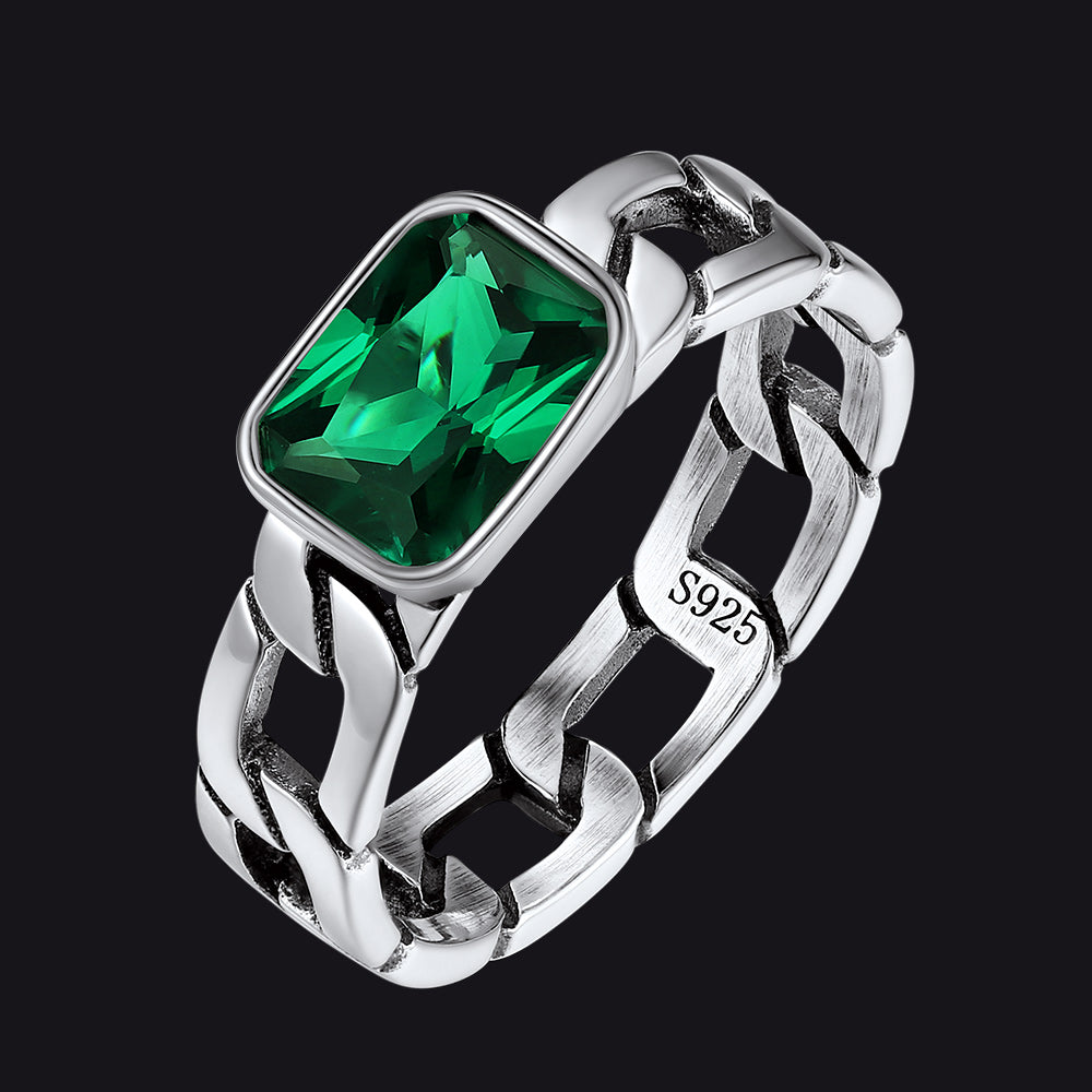 S925 Silver Cuban Link Chain Band Ring with Cubic Zirconia
