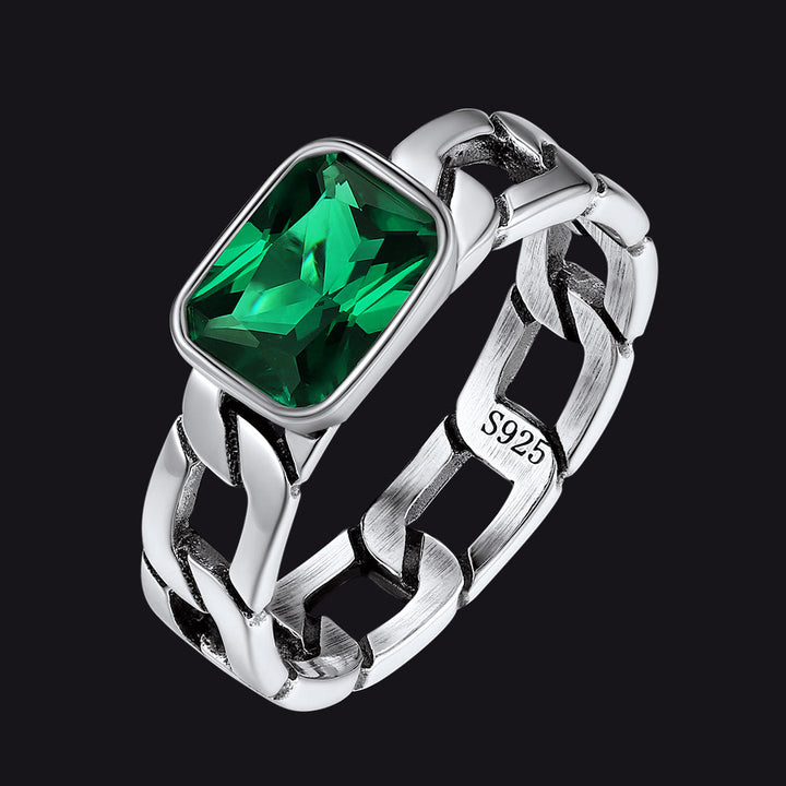 S925 Silver Cuban Link Chain Band Ring with Cubic Zirconia