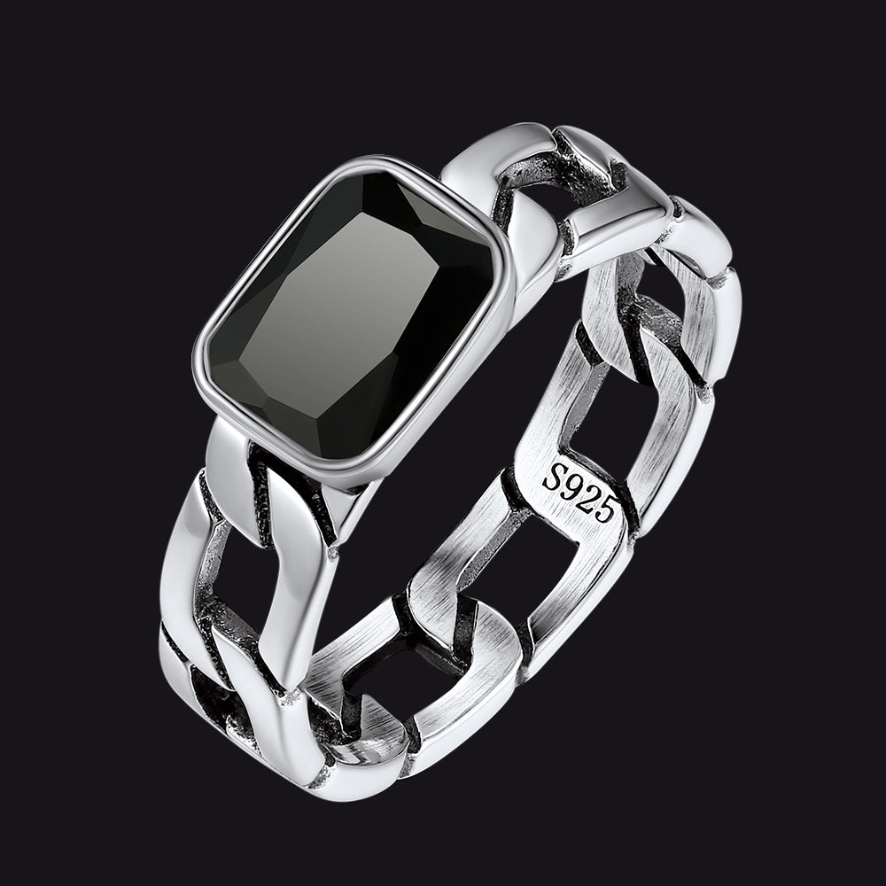 S925 Silver Cuban Link Chain Band Ring with Cubic Zirconia