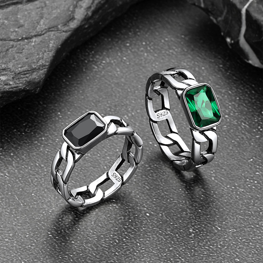 S925 Silver Cuban Link Chain Band Ring with Cubic Zirconia