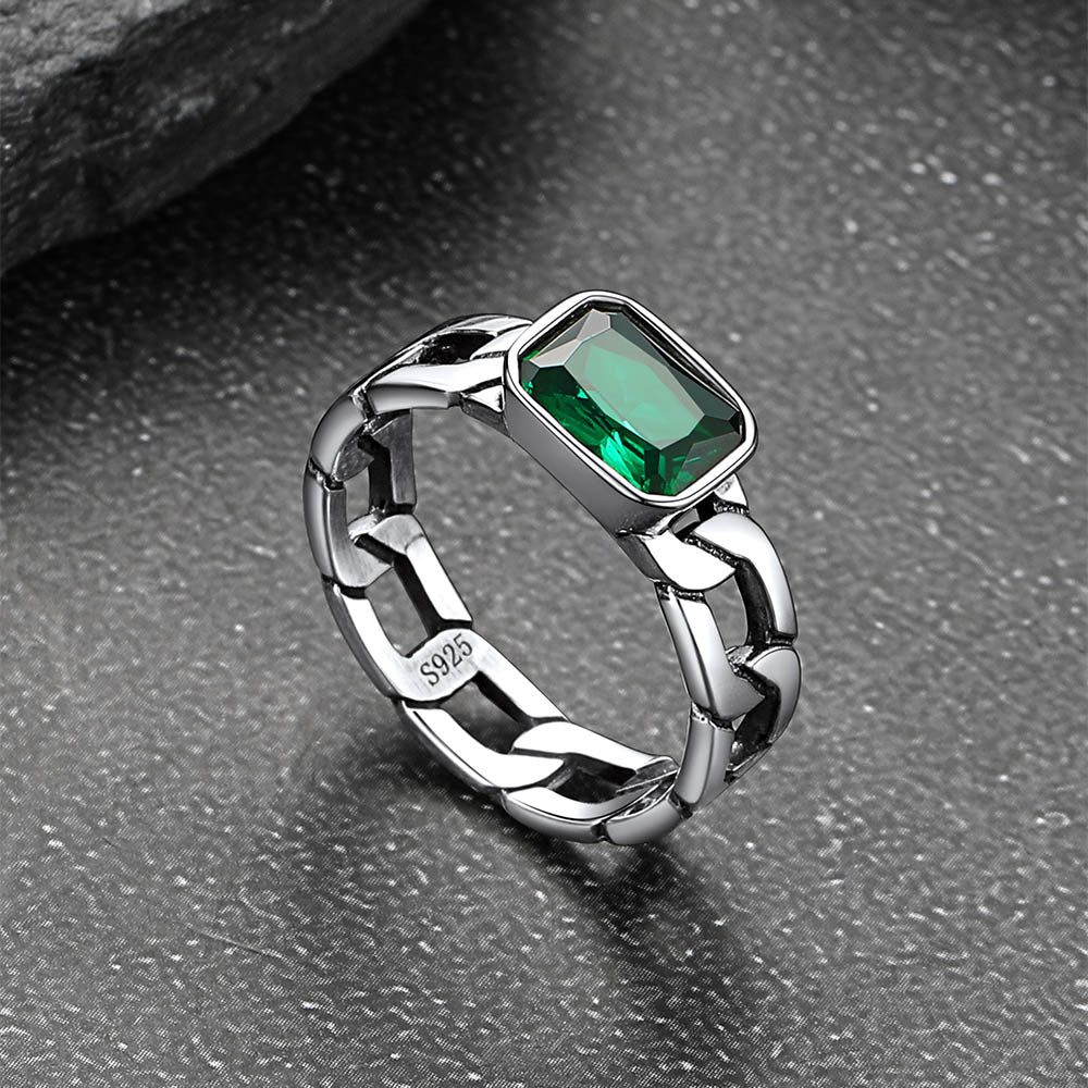 S925 Silver Cuban Link Chain Band Ring with Cubic Zirconia