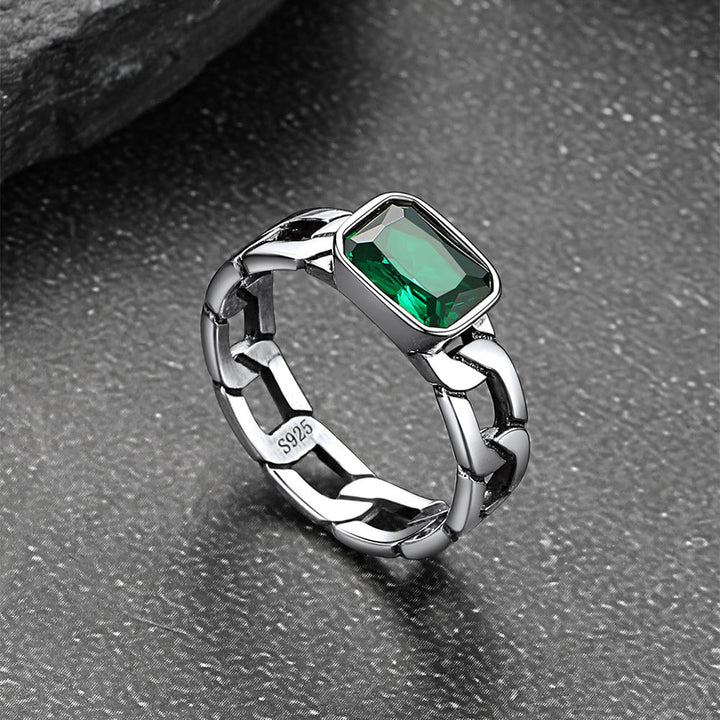 S925 Silver Cuban Link Chain Band Ring with Cubic Zirconia