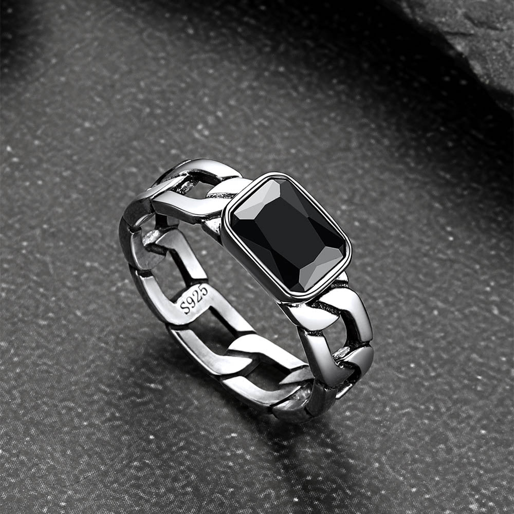 S925 Silver Cuban Link Chain Band Ring with Cubic Zirconia