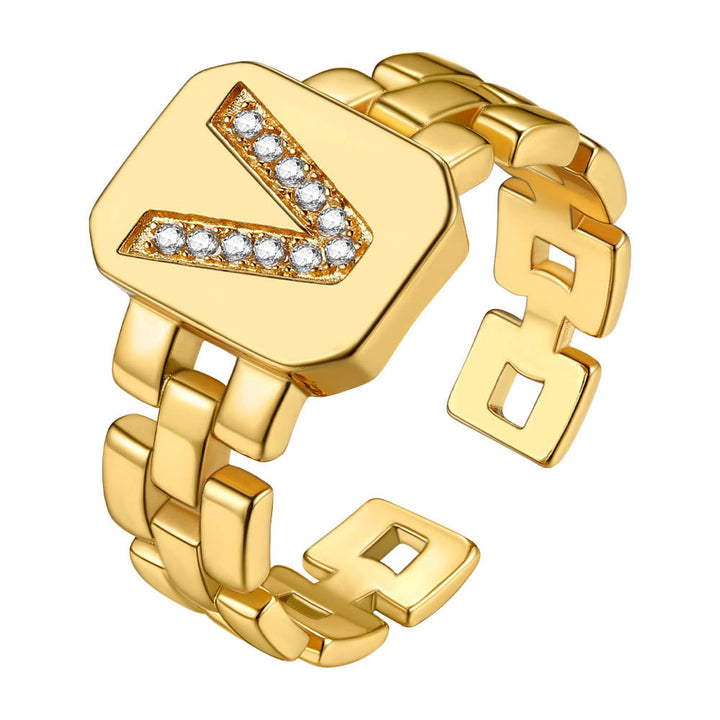 Cubic Zirconia Initial Letter Adjustable Chain Signet Rings for Women Men