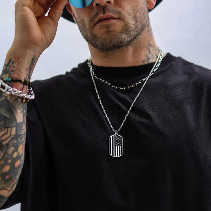 Engraved Patriotic American Flag Dog Tag Necklace For Men