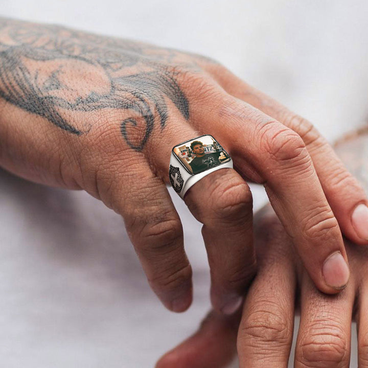 Customized Photo Signet Ring With Cross for Men Women