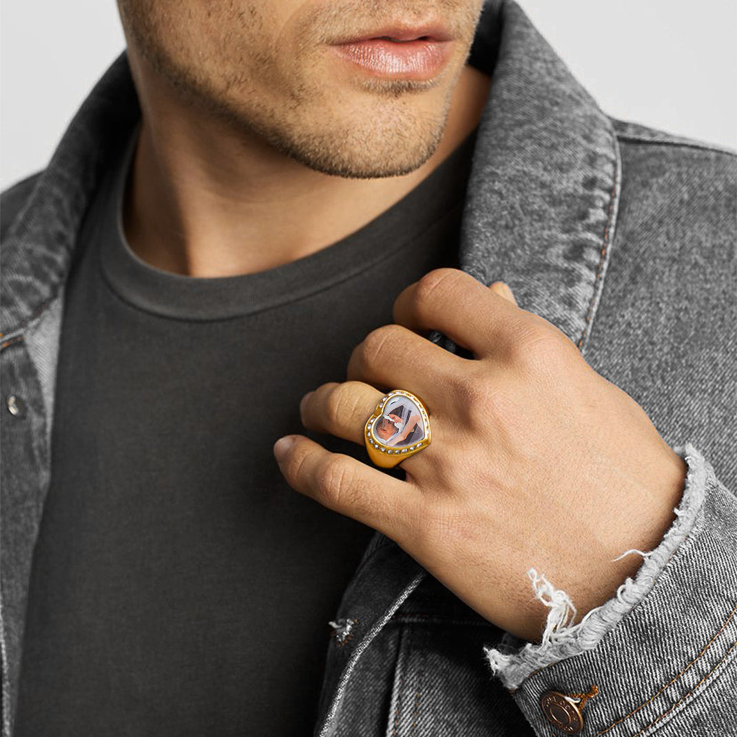 Personalized Custom Heart Photo Signet Ring for Women Men