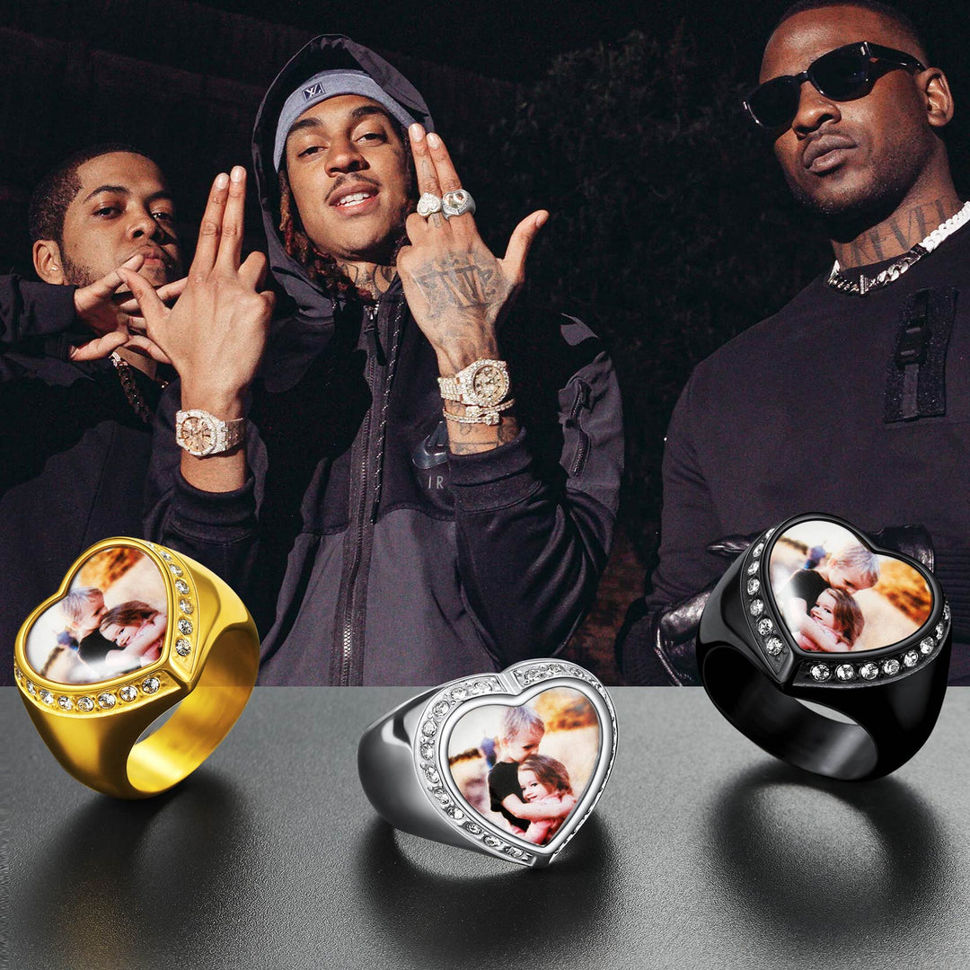 Personalized Custom Heart Photo Signet Ring for Women Men