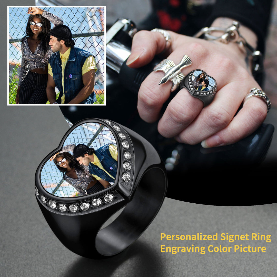Personalized Custom Heart Photo Signet Ring for Women and Men