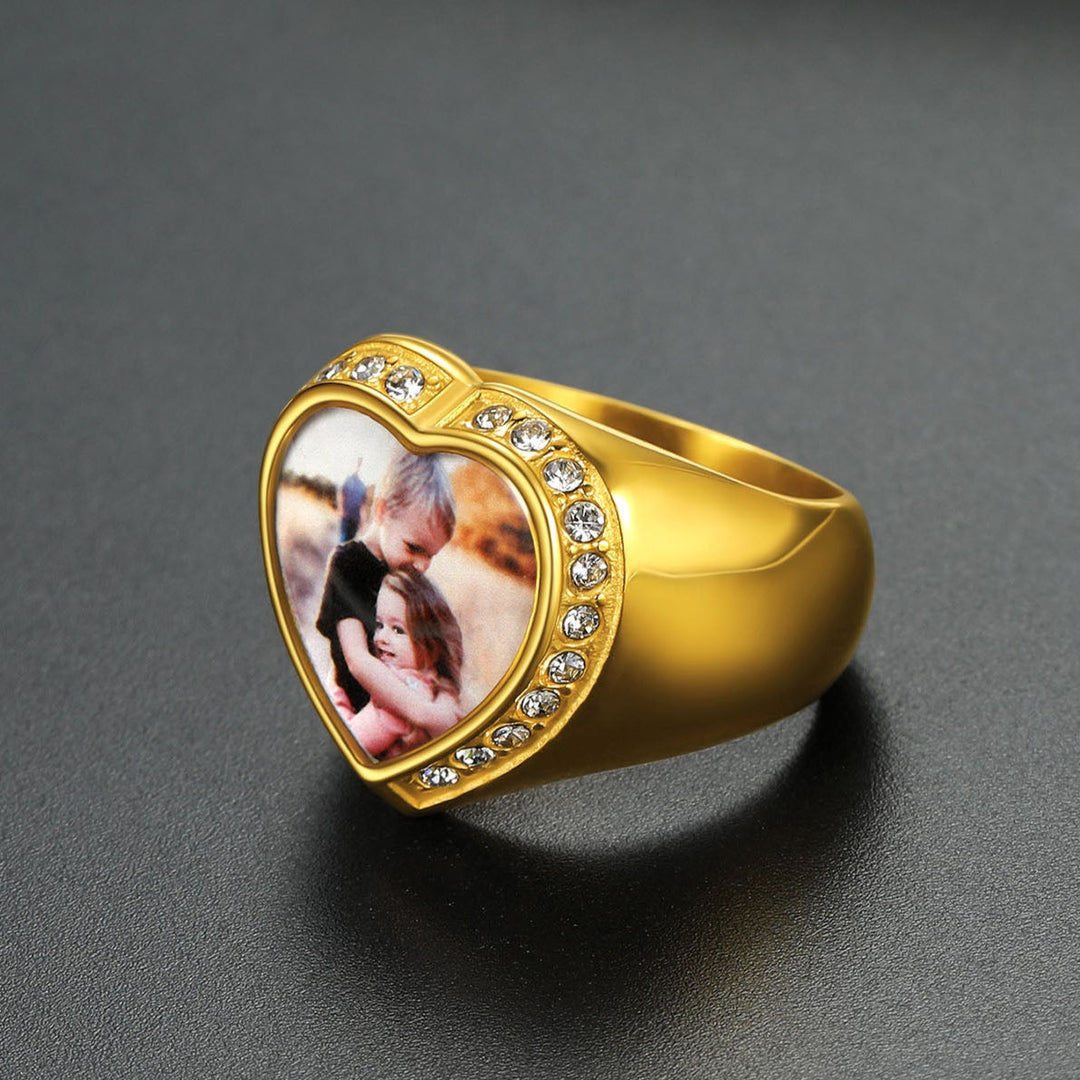 Personalized Custom Heart Photo Signet Ring for Women and Men