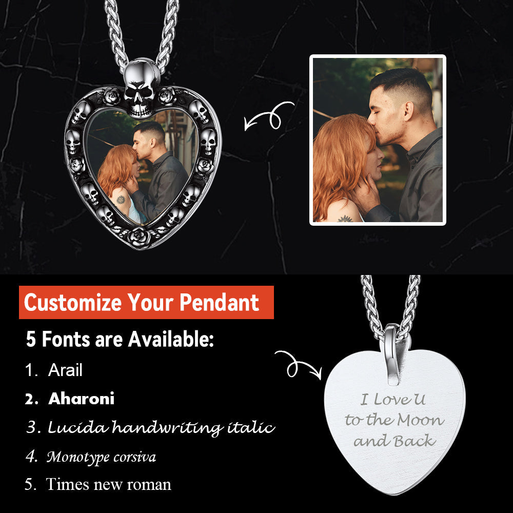 Customized Memorial Heart Photo Necklace with Skull for Men and Women