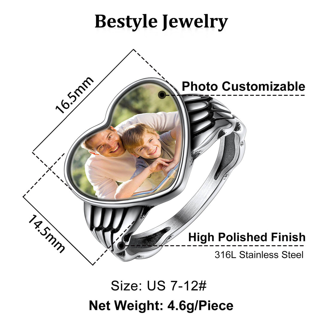 Personalized Photo Heart Angel Wing Ring with Picture for Women Men