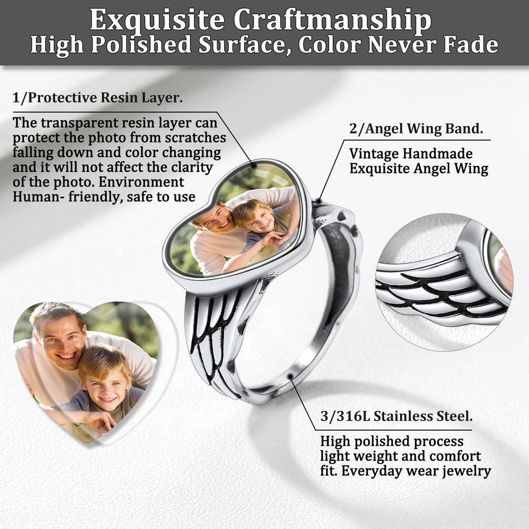 Personalized Photo Heart Angel Wing Ring with Picture for Women Men