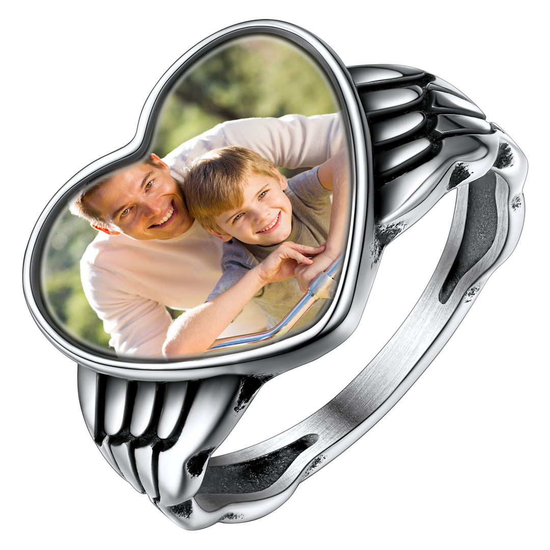 Personalized Photo Heart Angel Wing Ring with Picture for Women Men