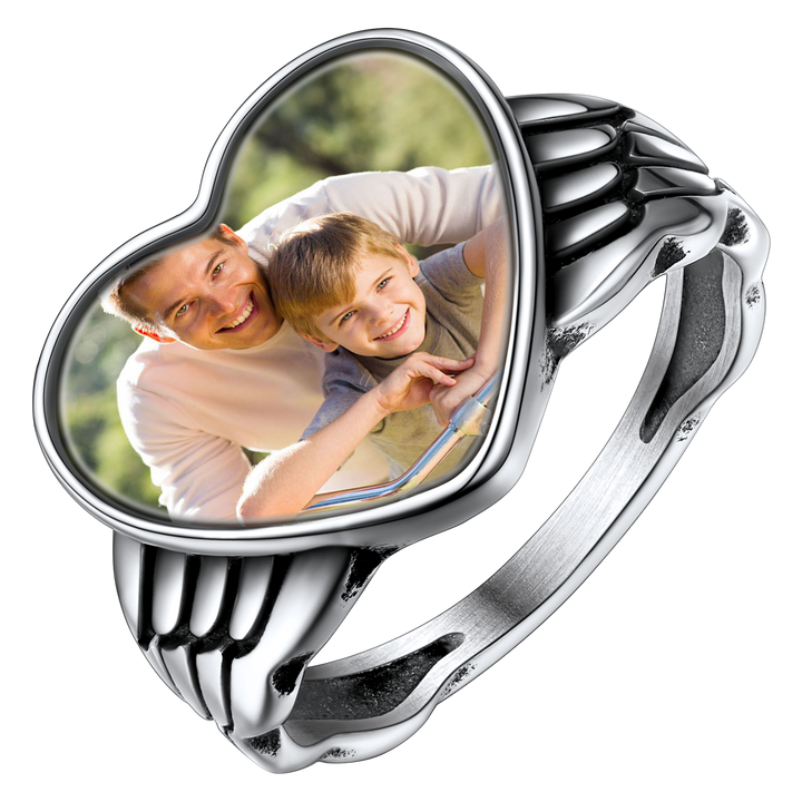 Personalized Photo Heart Angel Wing Ring with Picture for Women Men