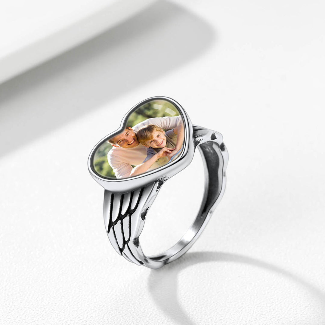 Personalized Photo Heart Angel Wing Ring with Picture for Women Men