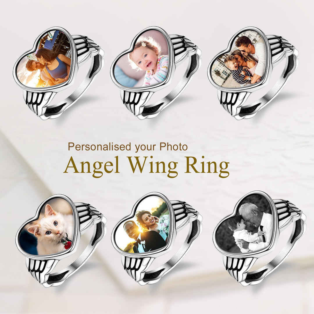 Personalized Photo Heart Angel Wing Ring with Picture for Women Men