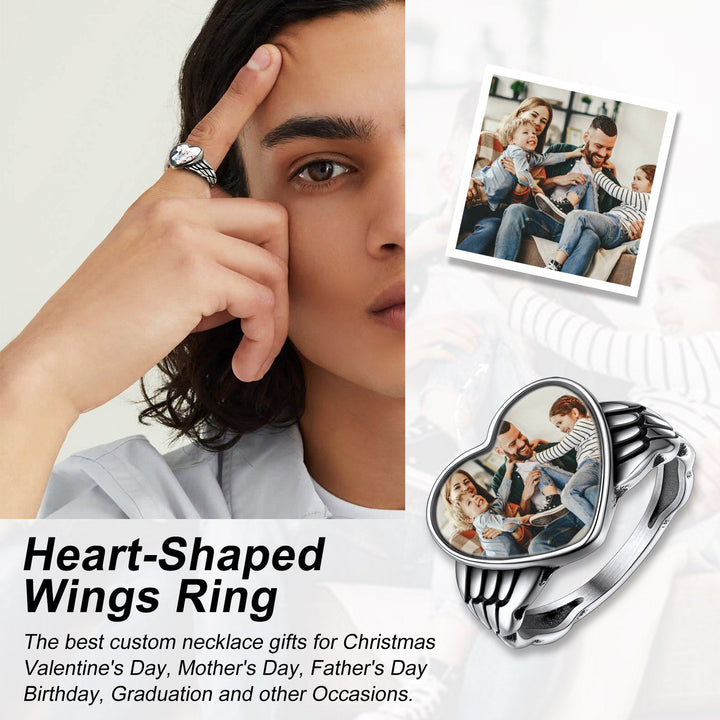 Personalized Photo Heart Angel Wing Ring with Picture for Women Men