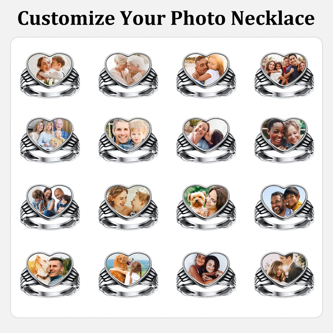 Personalized Photo Heart Angel Wing Ring with Picture for Women Men