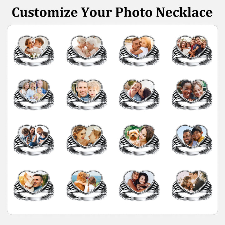 Personalized Photo Heart Angel Wing Ring with Picture for Women Men