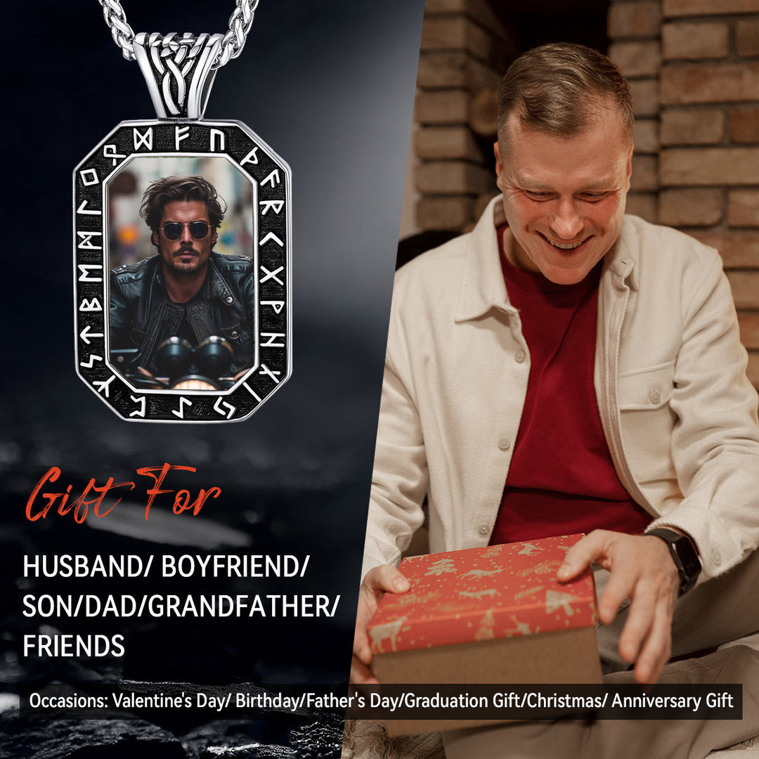 Engraved Customized Photo Dog Tag Necklace with Viking Runes for Men