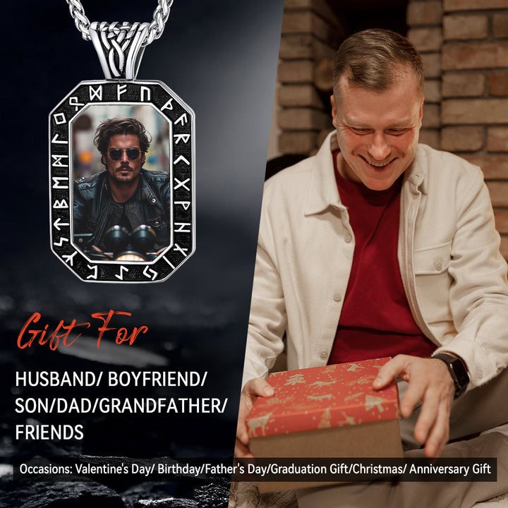 Engraved Customized Photo Dog Tag Necklace with Viking Runes for Men