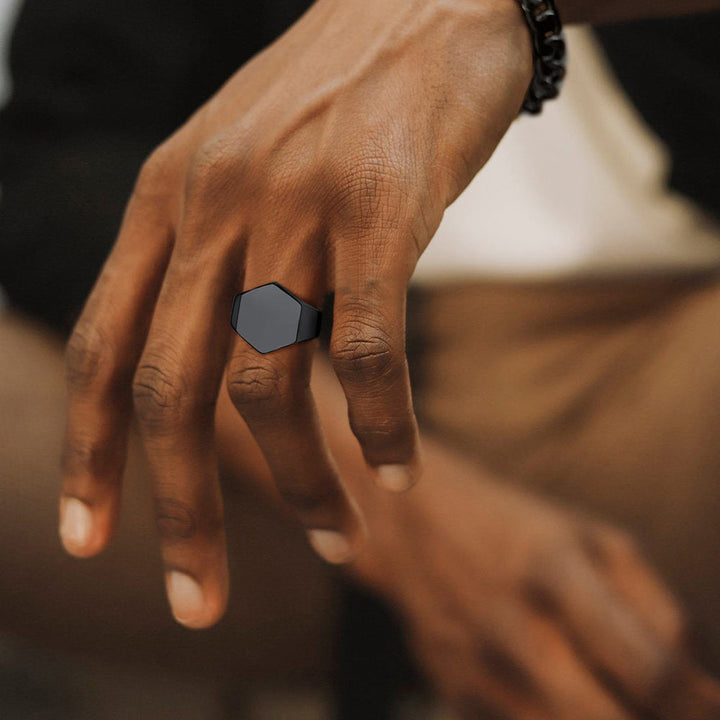 Custom Text Stainless Steel Hexagon Signet Ring Gift for Dad Men