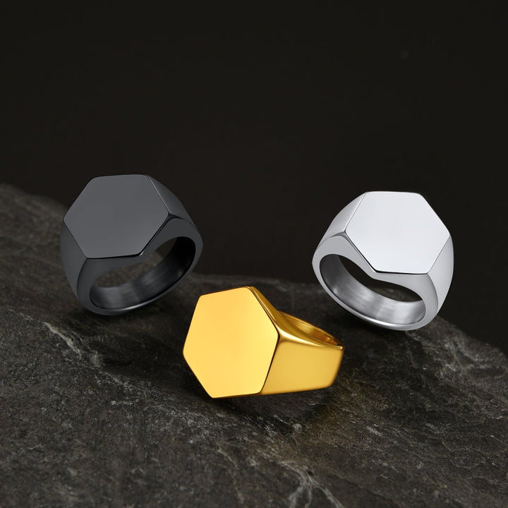 Custom Text Stainless Steel Hexagon Signet Ring Gift for Dad Men