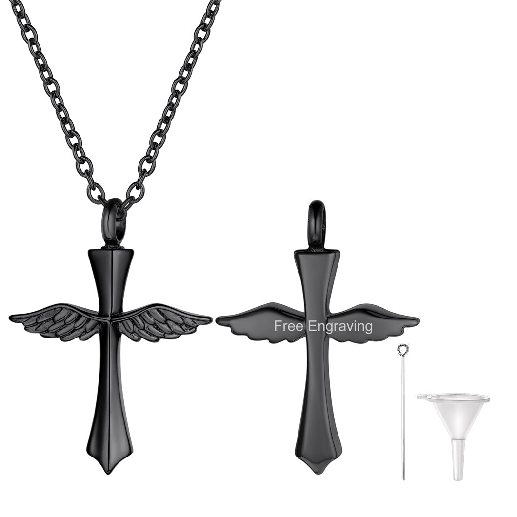 Custom Cremation Wings Cross Urn Ashes Pendant Necklace for Men Women