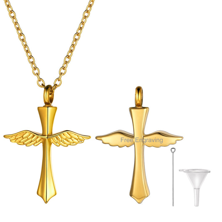 Custom Cremation Wings Cross Urn Ashes Pendant Necklace for Men Women