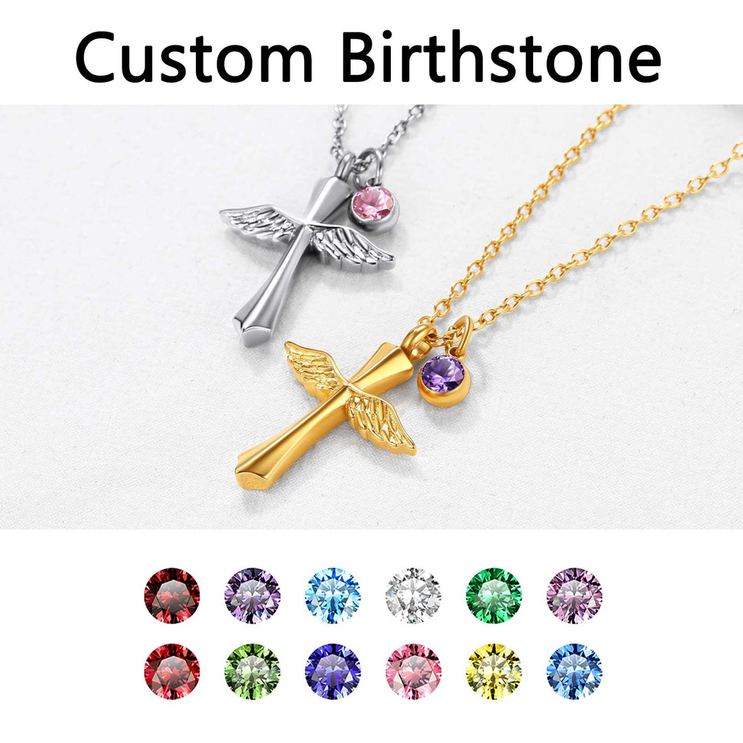 Custom Cremation Cross Wing Urn Ashes Necklace with Birthstone