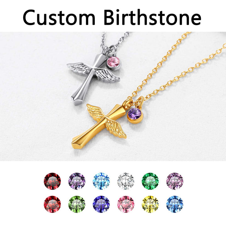 Custom Cremation Cross Wing Urn Ashes Necklace with Birthstone