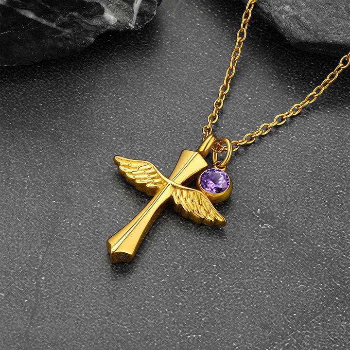 Custom Cremation Cross Wing Urn Ashes Necklace with Birthstone