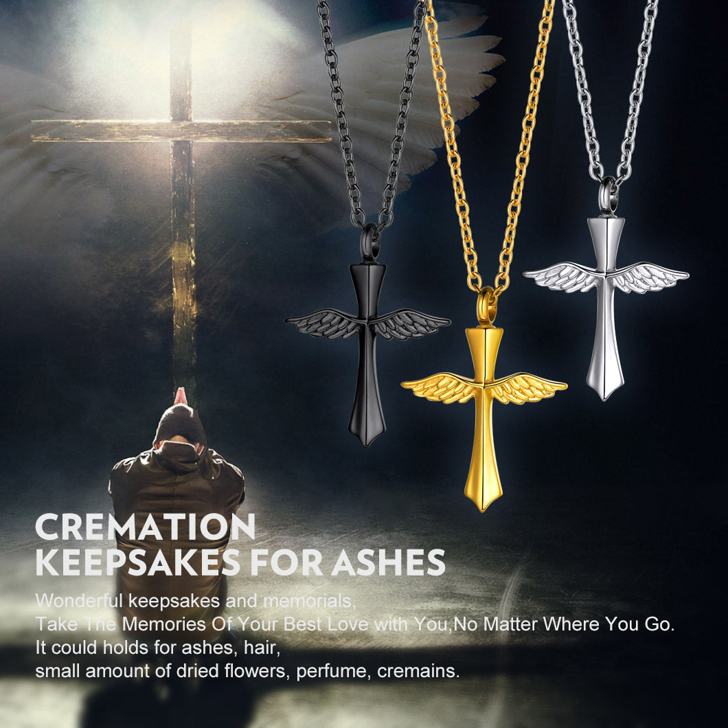 Custom Cremation Wings Cross Urn Ashes Pendant Necklace for Men Women