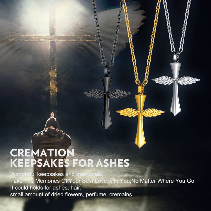 Custom Cremation Wings Cross Urn Ashes Pendant Necklace for Men Women